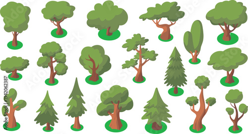 Cartoon forest tree set, stylized green trees and pine plants collection for nature landscape design isolated on white