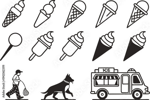 Black and white of ice cream cones and treats with a dog and vendor