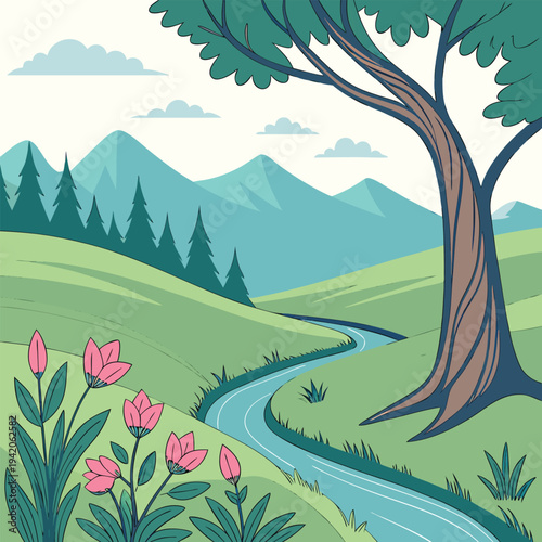Cartoon landscape with tree river flowers and mountains