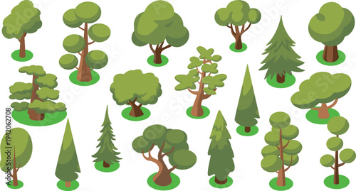Cartoon tree collection, stylized forest trees and pine plants set nature landscape elements isolated on white background