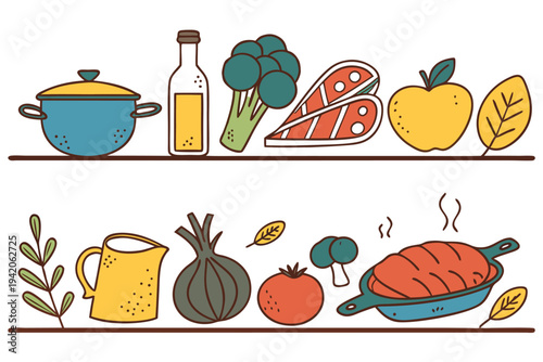 Colorful of kitchen ingredients and dishes on two shelves