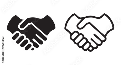 Two handshake icons one solid black and one outlined black and white business agreement