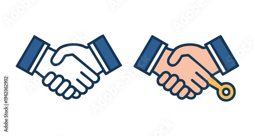 Business handshake icons with blue suit sleeves and golden key for real estate or property concept
