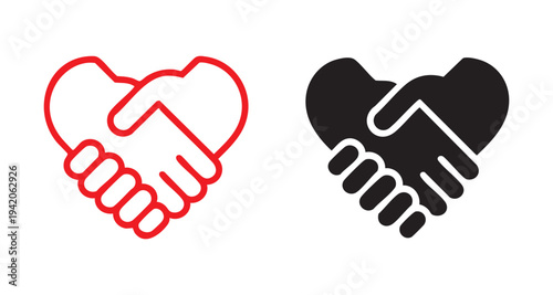 Creative heart shaped handshake icons in red outline and solid black to represent love and charity