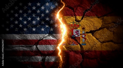 A cracked surface displays the flags of the USA and Spain, symbolizing tension in international relations and geopolitics.
