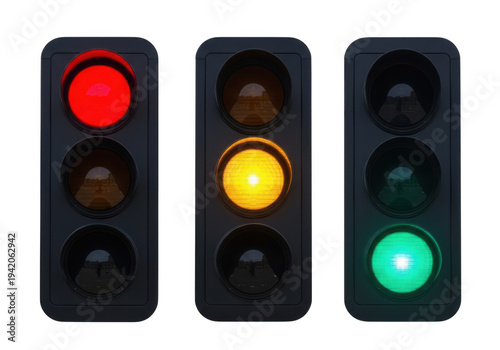 Traffic light with red, yellow, and green lights isolated on transparent background