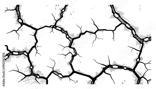 Detailed black and white vector illustration of cracked surface texture in hand drawn graphic style