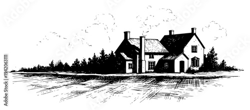 Rustic country farmhouse landscape with cottage and trees in traditional hand drawn etching style