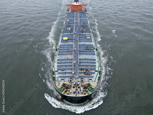 Aerial view of a large oil tanker approaching the port of Rotterdam