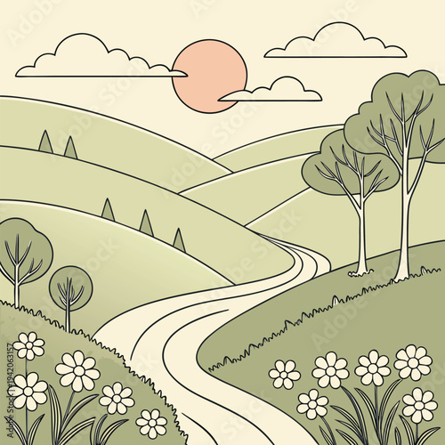 Winding road through green hills with trees and flowers