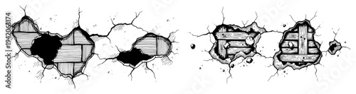 Cracked wall with holes revealing wooden lath structure underneath in hand drawn sketch style