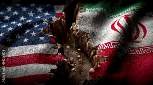 Torn flags of the USA and Iran symbolize conflict and tension in international relations. The image highlights themes of war, politics, and oil in the Middle East.