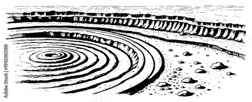 Sketchy landscape illustration of concentric circles inside a rocky crater basin