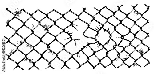 Detailed hand drawn chain link fence illustration showing broken metal wires and holes
