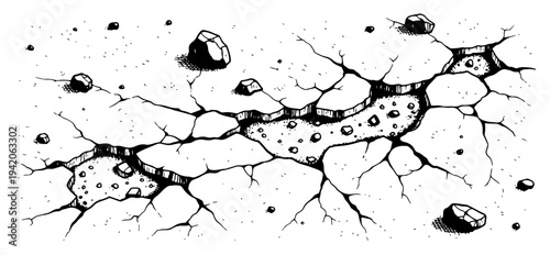 Hand drawn illustration of dry cracked ground with scattered rocks and stones