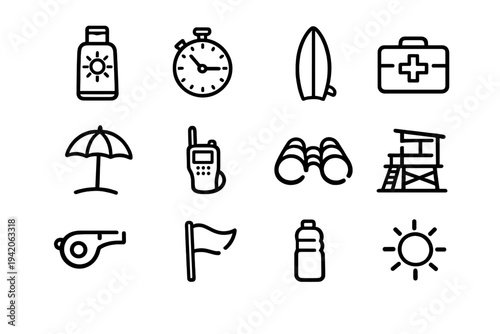 Lifeguard and beach safety equipment icons including sunscreen stopwatch surfboard first aid kit umbrella walkie talkie binoculars and tower