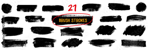 Set of various black brush strokes isolated on white background. Collection of thick and thin rough grunge ink paint strokes. Hand drawn vector brushstroke design elements.