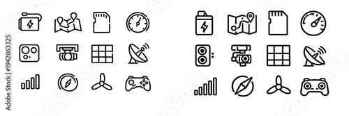 Set of drone technology and remote control icons including battery map camera gimbal and signal strength symbols on white background
