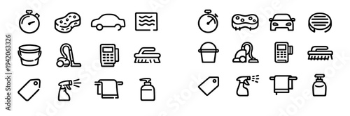 Car wash and professional cleaning service line icon set featuring sponge bucket vacuum spray bottle and payment terminal symbols