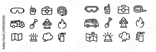 Firefighter equipment and emergency service icons including fire truck hydrant extinguisher and first aid kit on white background