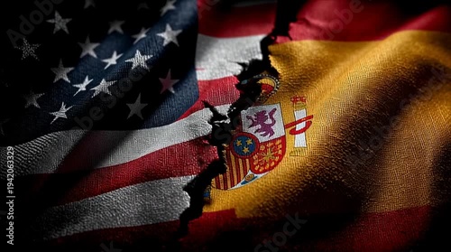 Torn flags of the USA and Spain symbolize international relations and geopolitical tension. The fabric shows a blend of colors and emblems from both nations.
