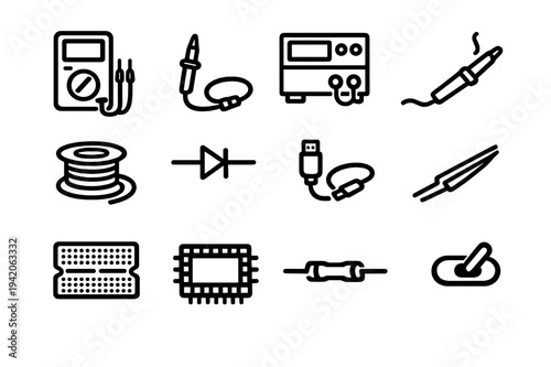 Electronics repair and soldering equipment with multimeter soldering iron resistor integrated circuit and breadboard on white background
