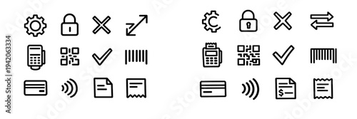 Set of commerce and payment line icons including credit card qr code barcode pos terminal security lock and settings gear symbols