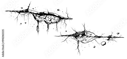 Detailed ink drawing of large deep cracks and fissures with falling rock debris