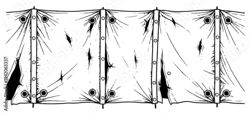 Sketchy horizontal illustration of a torn and weathered canvas tarp hanging from a frame