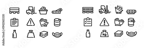 Industrial logistics and warehouse management icons featuring forklift pallet safety equipment and shipping supplies on white background