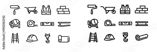 Construction and building tools line icon set featuring hard hat wheelbarrow cement mixer ladder and safety equipment on white background