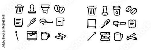 Professional barista equipment and coffee shop tools line icon set featuring espresso machine tamper portafilter and milk pitcher