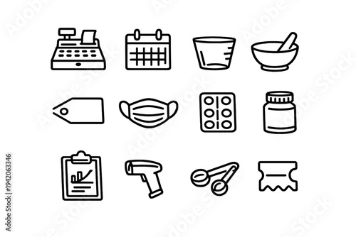 Medical and drugstore icons featuring a cash register calendar measuring cup mortar and pestle face mask pills bottle and barcode scanner
