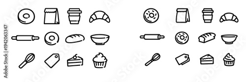 Minimalist bakery and cafe icon set featuring bread donut coffee croissant cupcake and kitchen tools on white background
