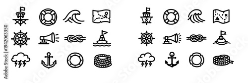 Nautical and maritime line icon set featuring anchor ship wheel lifebuoy treasure map wave and rope elements for sea travel design