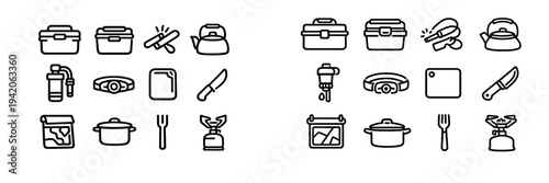 Set of camping and hiking equipment line icons featuring portable stove kettle knife map and cooler for outdoor adventure