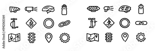Set of bicycle equipment and cycling safety icons including helmet water bottle pump chain tire map traffic light and location pin
