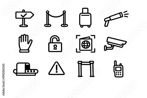Airport security and travel safety line icons set featuring baggage scanner passport control and surveillance camera symbols