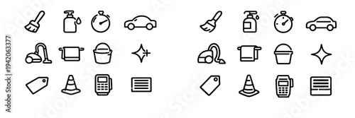Car wash and cleaning service line icon set featuring vacuum cleaner soap bottle bucket and car maintenance symbols