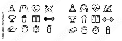 Set of minimalist fitness and gym equipment icons including barbell kettlebell stopwatch and yoga mat for workout tracking