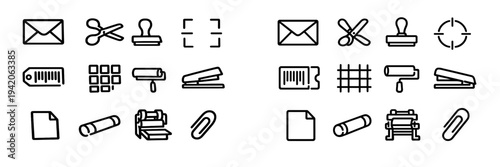 Collection of stationery and business supply line icons including envelope scissors stapler paperclip and stamp on white background