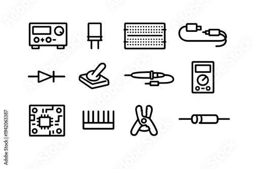 Electronic components and engineering tools icons set including multimeter soldering iron circuit board and resistor symbols