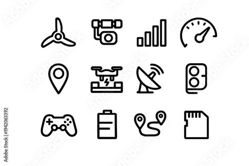 Set of modern technology and drone flight control line icons including battery level signal strength and satellite communication symbols