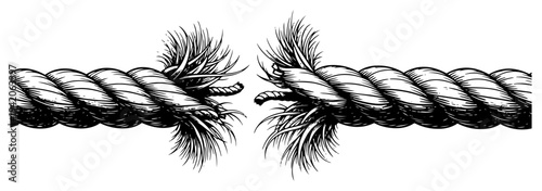 Hand drawn detailed illustration of a thick rope breaking and fraying under tension