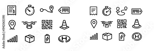 Logistics and delivery service line icon set featuring drone shipping package tracking and warehouse management symbols on white background