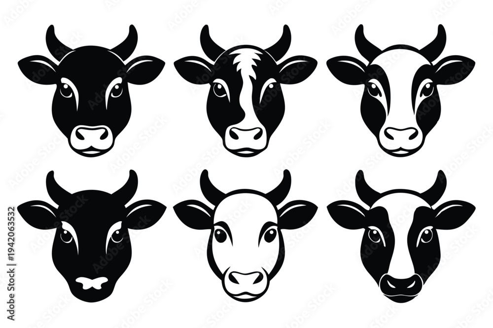 Obraz premium set of cow head silhouette line art vector illustration with a white background