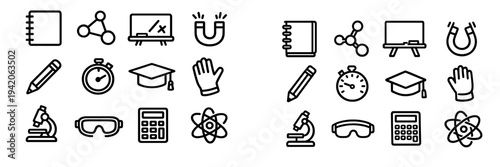 Set of education and science line icons including microscope calculator graduation cap and laboratory equipment for school learning