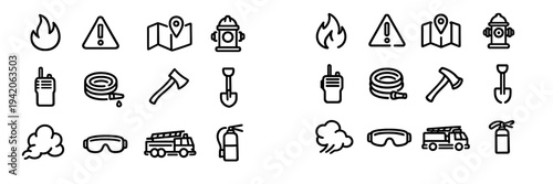Firefighting and emergency service line icons featuring fire truck extinguisher hydrant hose axe and safety equipment on white background