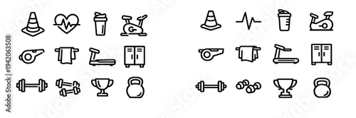 Set of fitness and gym equipment line symbols including barbell dumbbell treadmill stationary bike kettlebell and trophy on white background