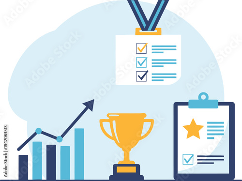 Business success and achievement concept with trophy and growth chart